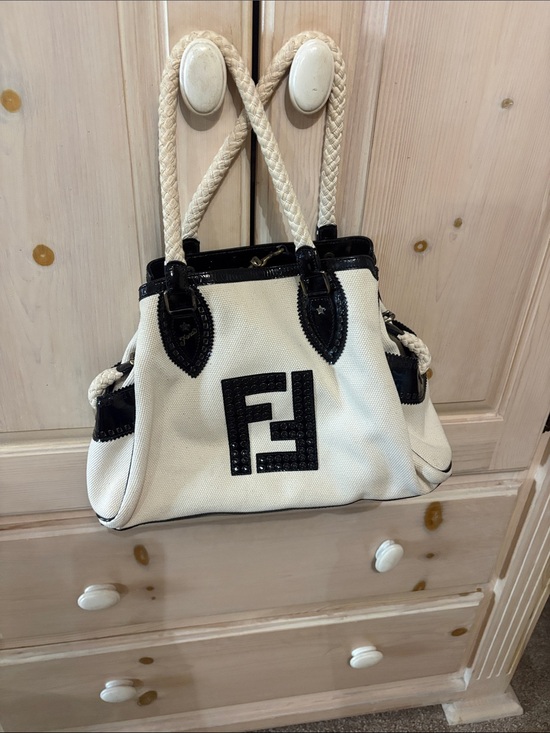 Fendi Handbags - Vintage Fendi White Canvas Shoulder Bag with Black Patent Leather Logo and Trim